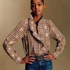 Sezane Coline Shirt Lila Brown Gingham Embroidery US 14 FR46 NEW Feminine Casual